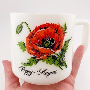 VINTAGE August poppy birth flower white milk glass mug c. 1970s 1980s cup teacup